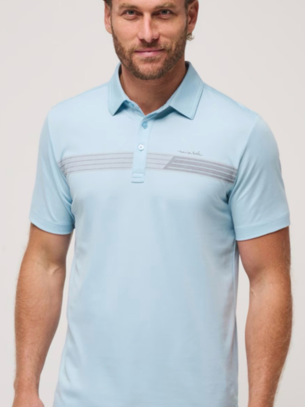 Travis Mathew Pale Blue Short Sleeve Polo with Chest Stripe